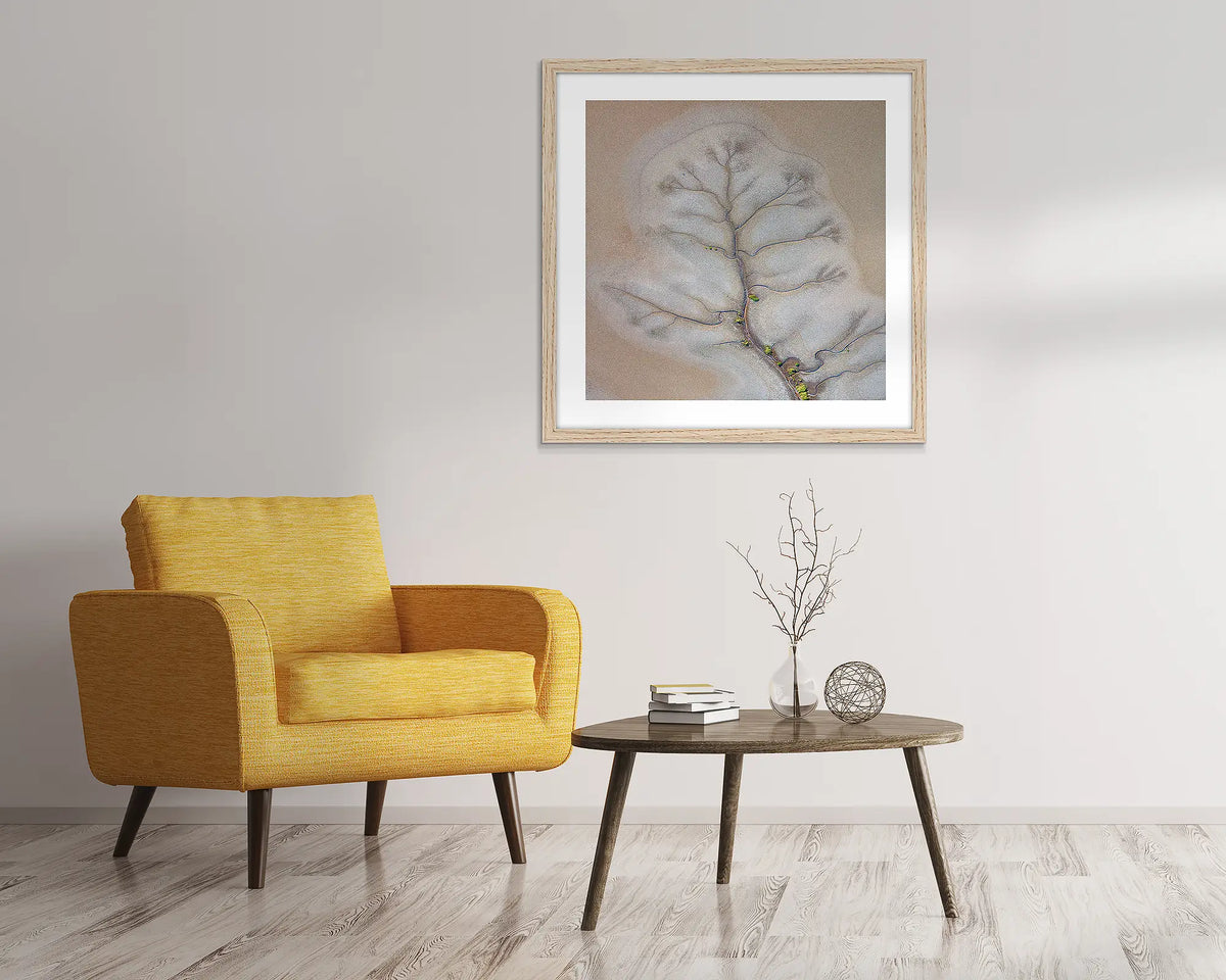 Reach Out. Abstract Kimberley artwork, with a timber frame, hung in a home office entrance area. 