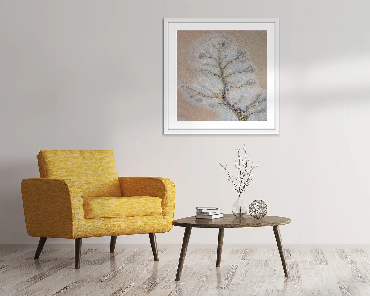 Reach Out. Abstract Kimberley artwork, with a white frame, hung in a home office entrance area. 