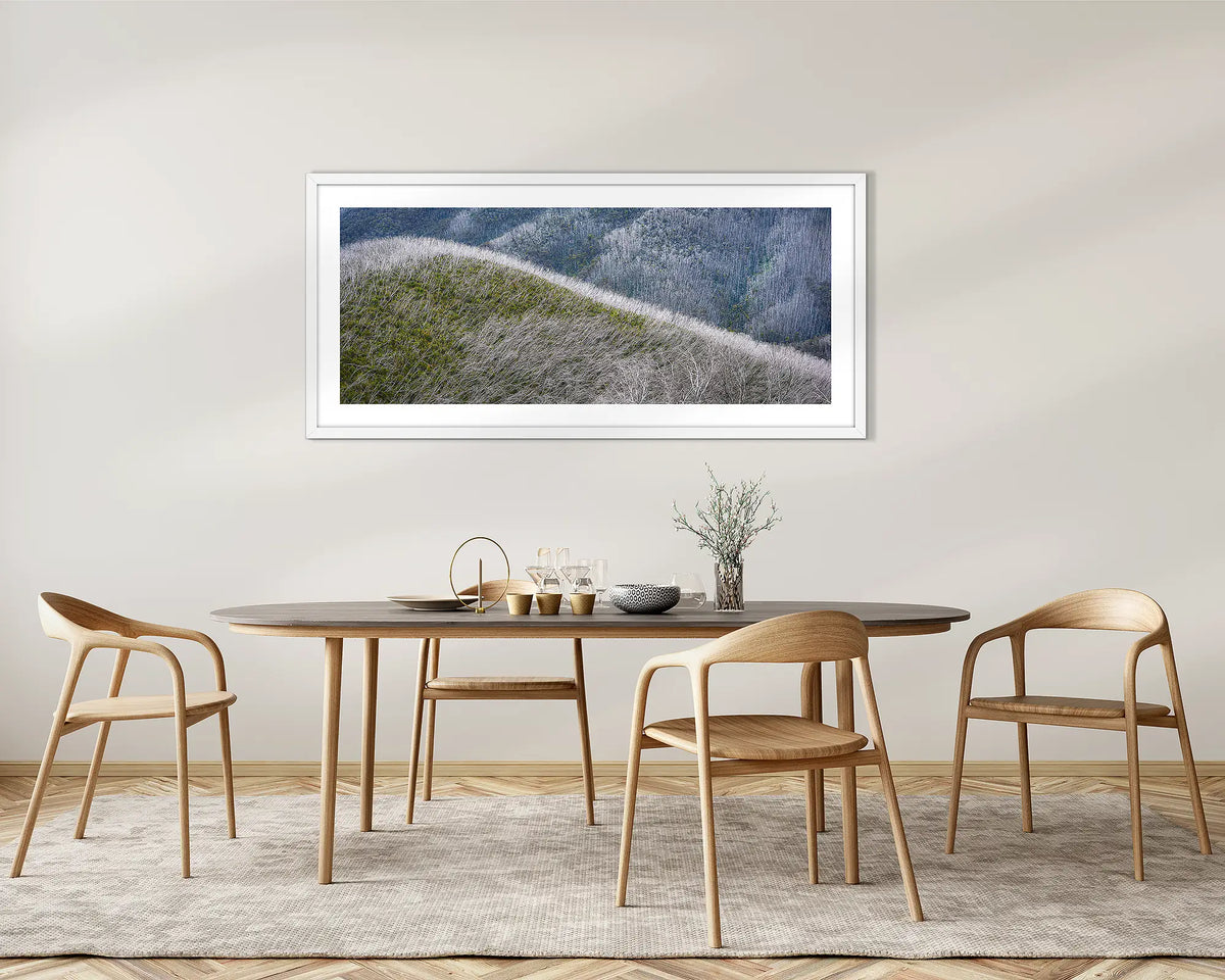 Recovery. Alpine framed wall art with a white frame, on a dining room wall. 