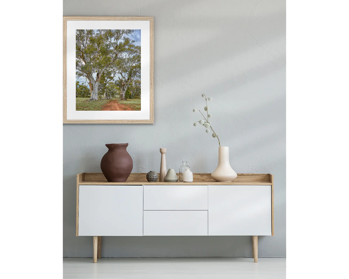 Red Gum Drive. Framed Flinders Ranges wall art, with a Tasmanian Oak frame, above a side table.