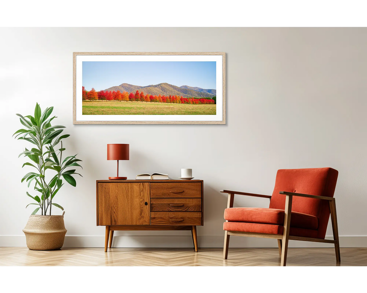 Red lIne. Framed panoramic wall art on a wall, above a side table.