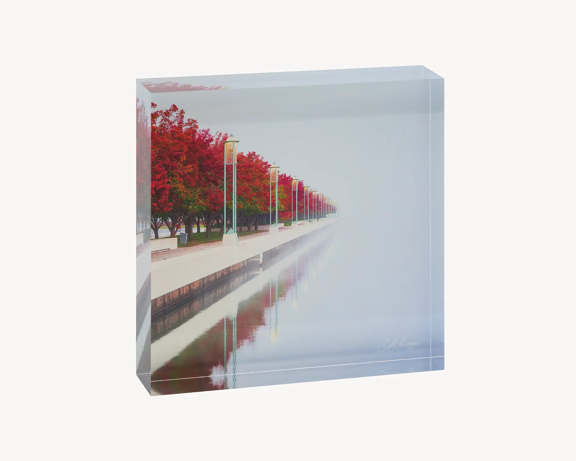 Red Serenity. Acrylic block Lake Burley Griffin in Fog Artwork, Canberra.