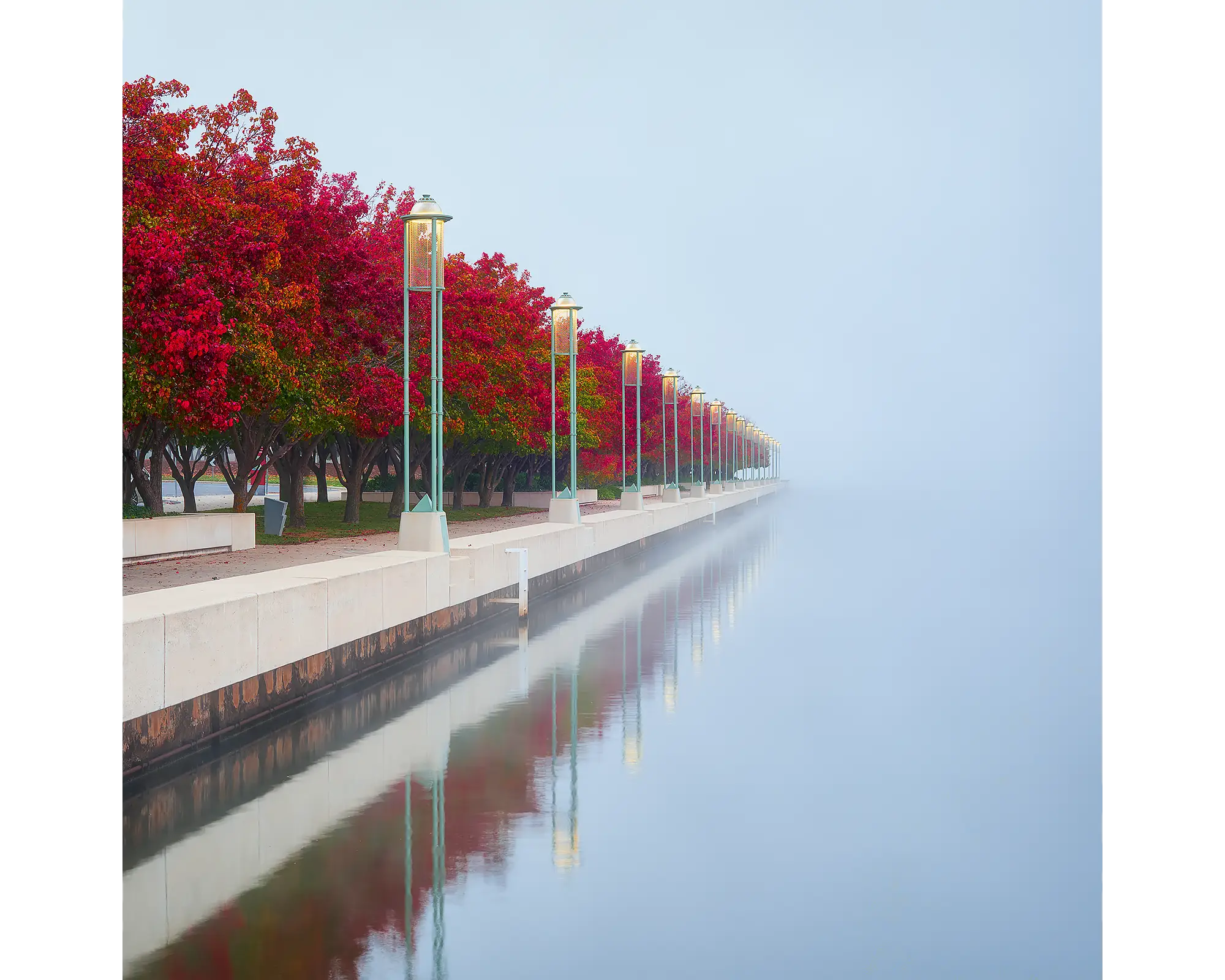 Red Serenity. Acrylic block Lake Burley Griffin in Fog Artwork, Canberra.