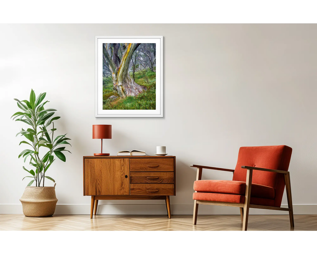 Resistance. Snow gum artwork in a white frame above a side table.