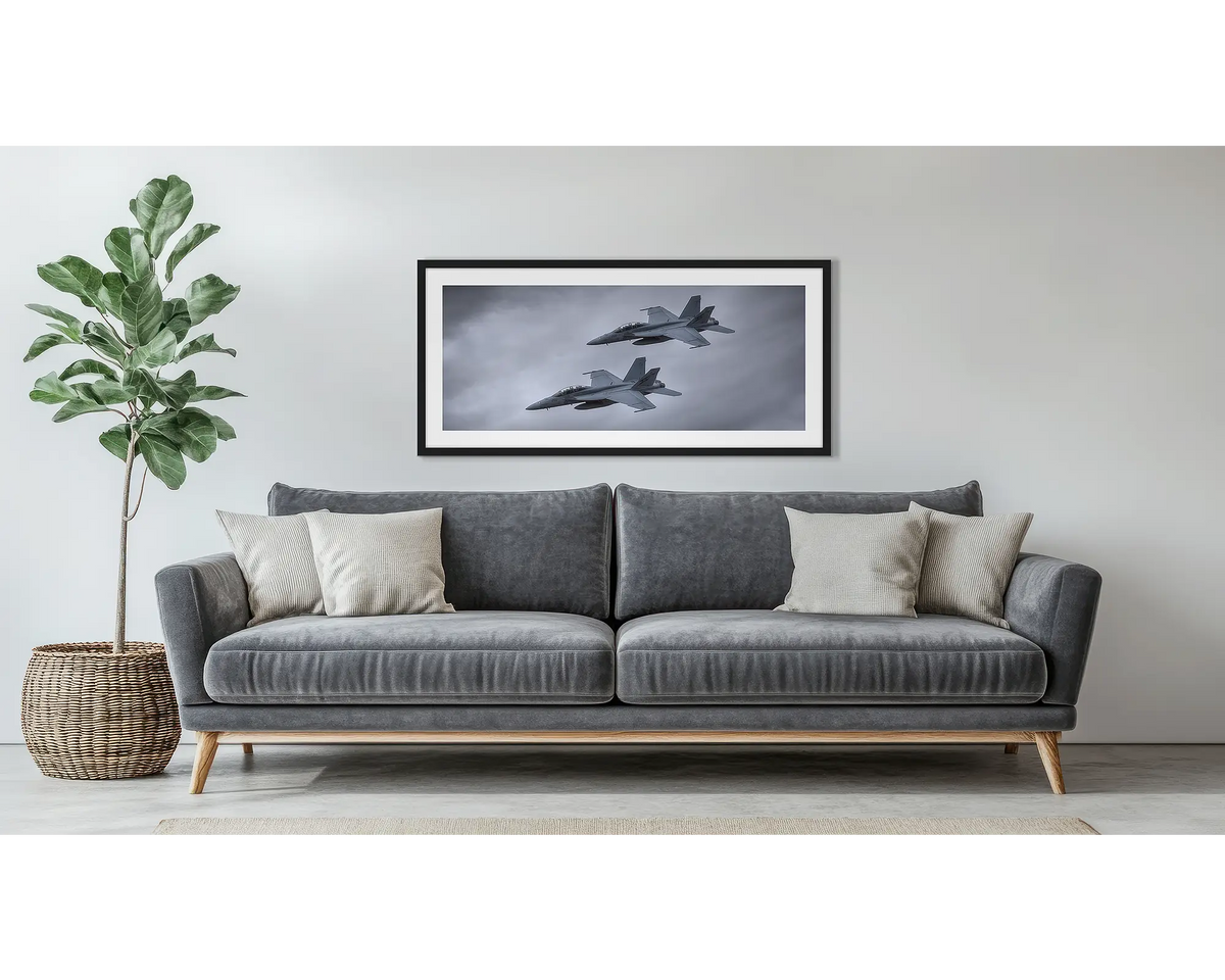 Rhino Pair. Aviation wall art in a black frame, hung above a couch.