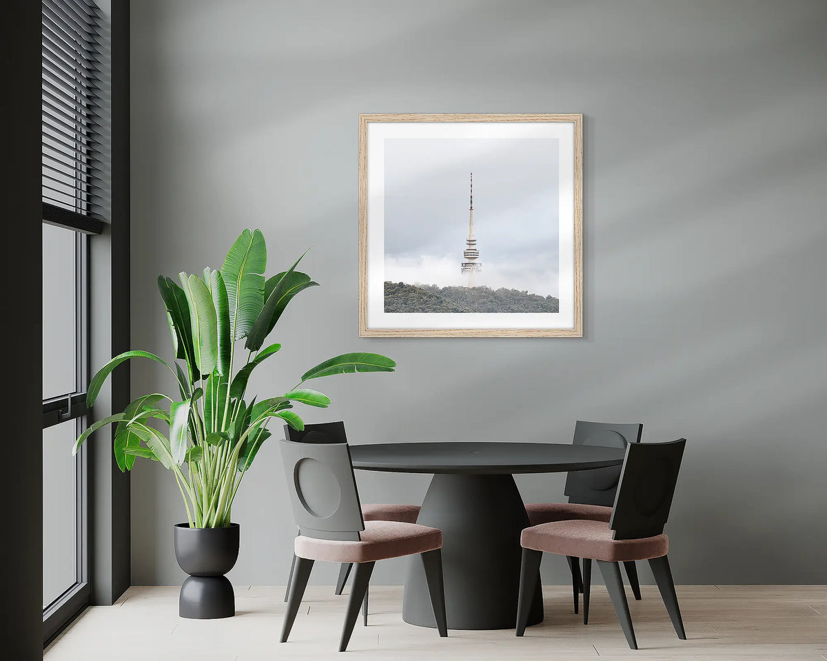 Rising. Black Mountain Tower artwork with a Tasmanian Oak frame, hung on the wall of an office meeting room. 