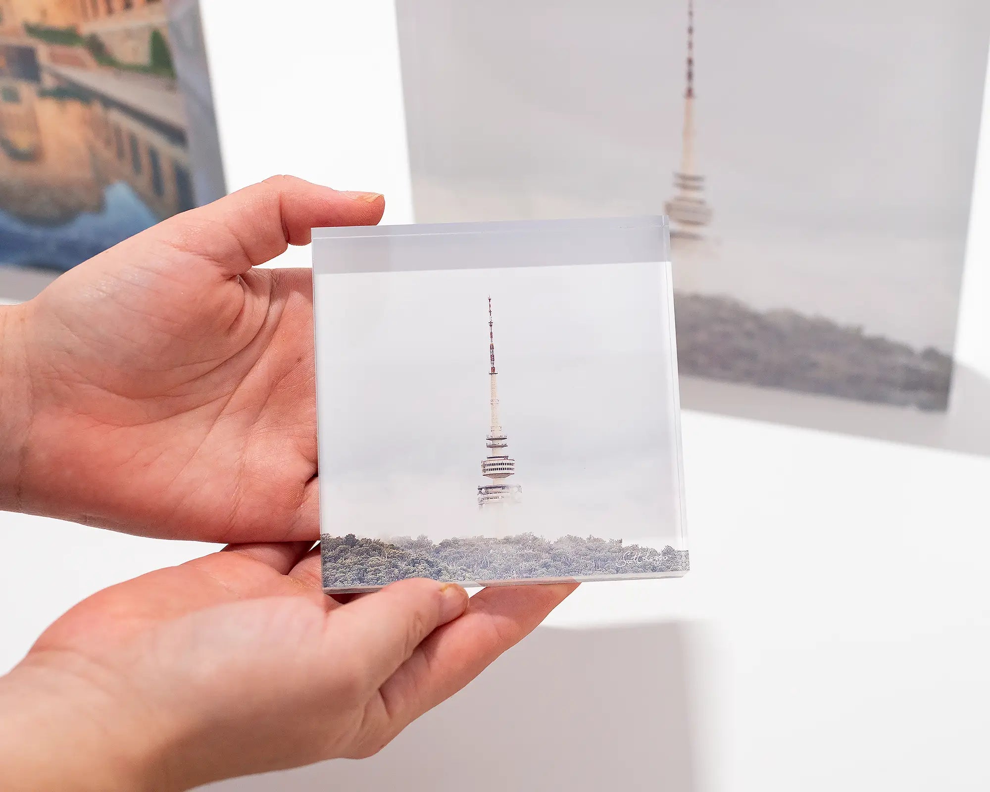 Rising acrylic block - Black Mountain and Telstra Tower in fog. 