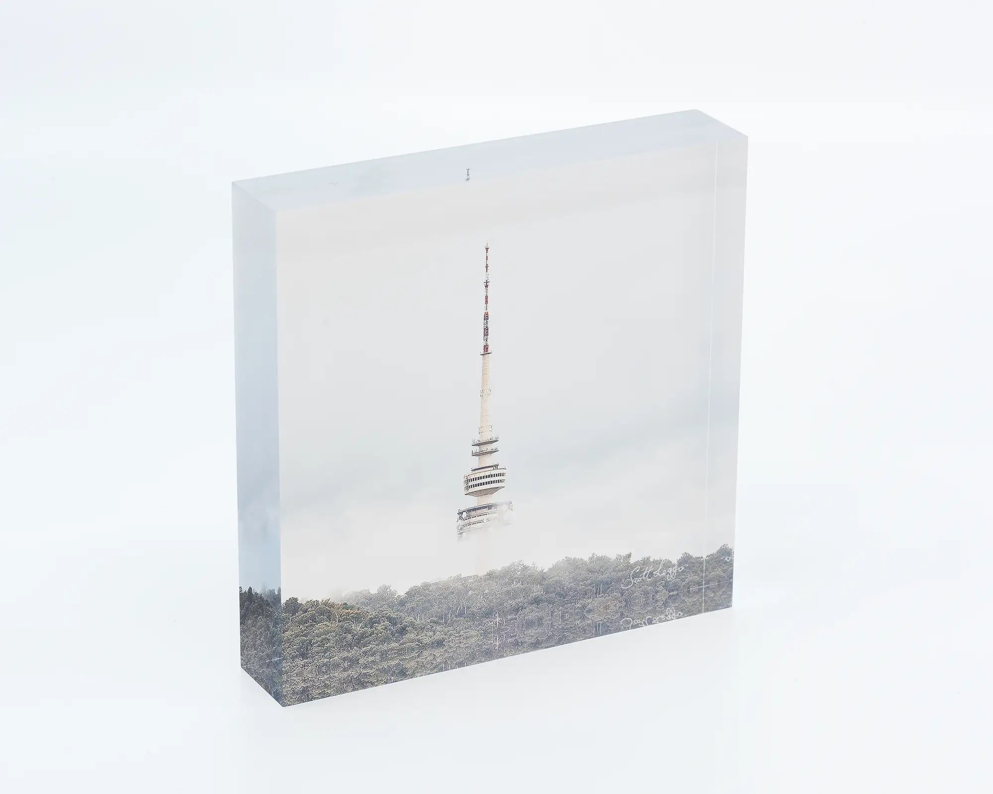 Rising acrylic block - Black Mountain and Telstra Tower in fog. 