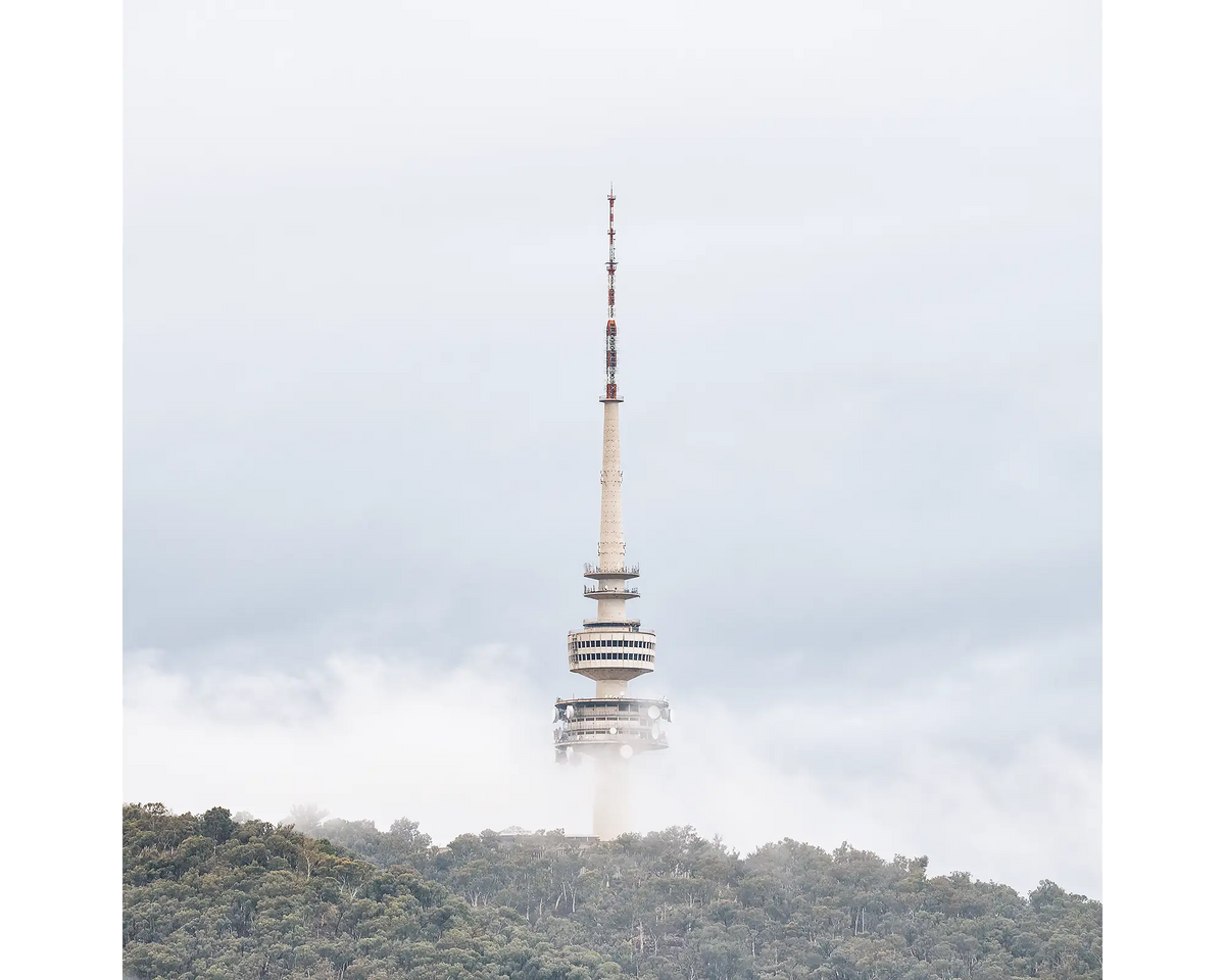 Telstra Tower and Black Fountain surrounded by fog, Canberra, ACT. 