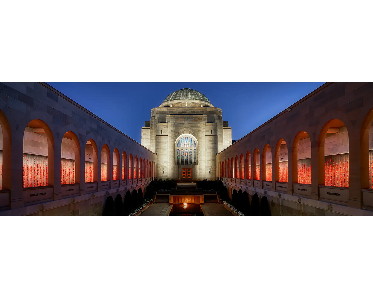 Roll of Honour. Australian war memorial and poppies at night, Canberra.