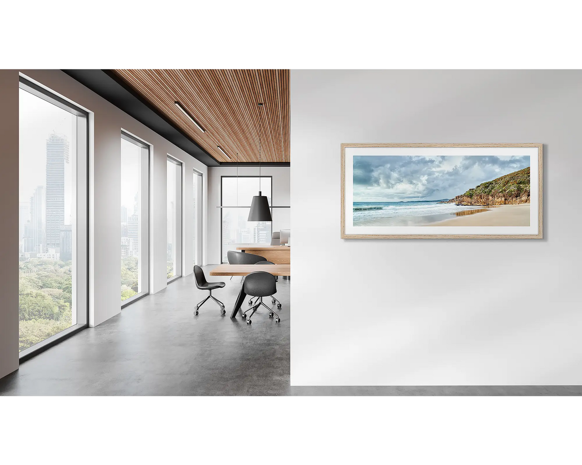 Rolling in. Coastal wall art in a Tassie Oak frame in a modern office. 