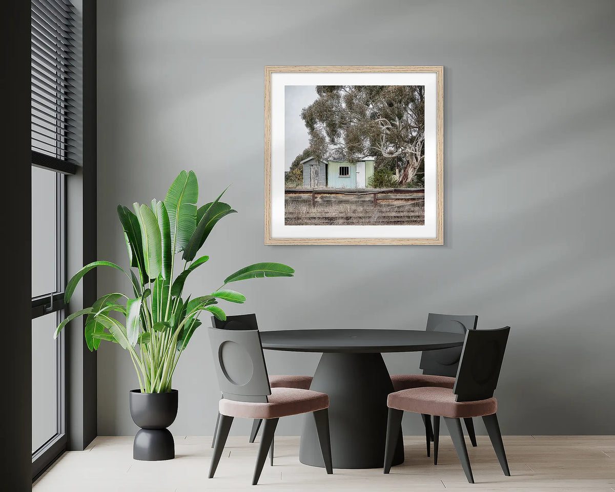 Royalla. Train Station wall art print, with a timber frame in a meeting room. 