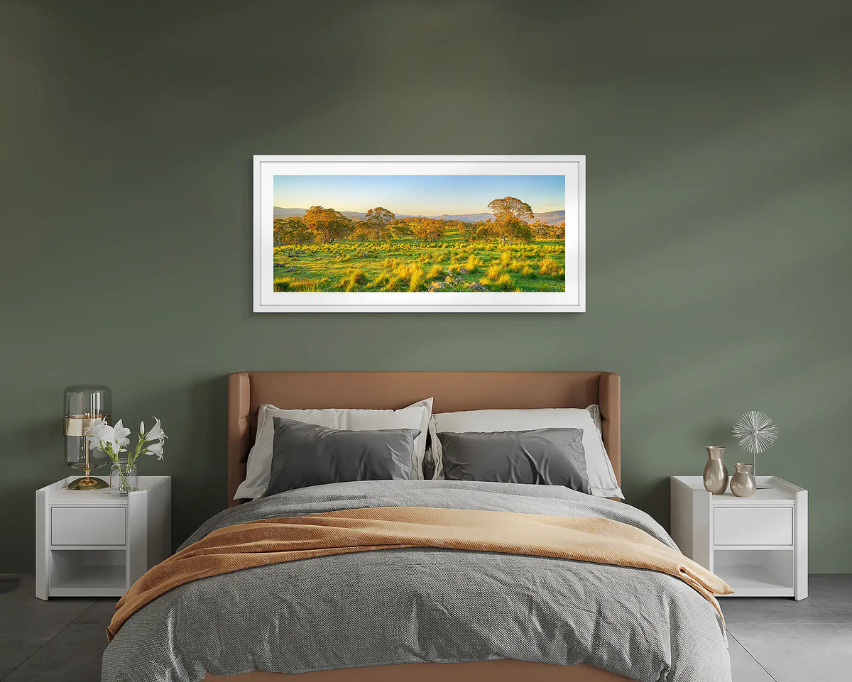 Rural Tranquility. Framed rural wall art above a bed. 