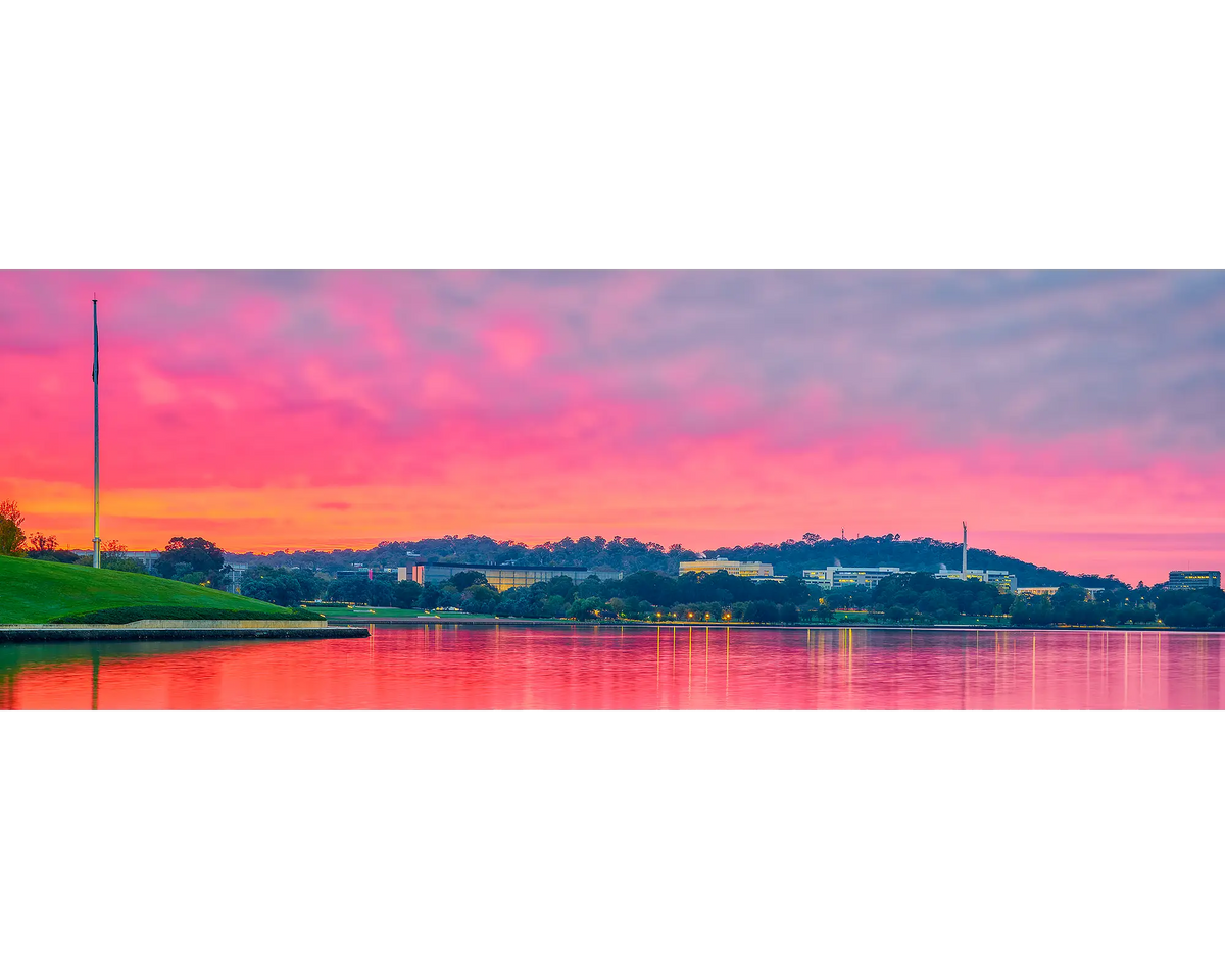 Pink clouds at sunrise over Russell offices, Canberra, ACT. 