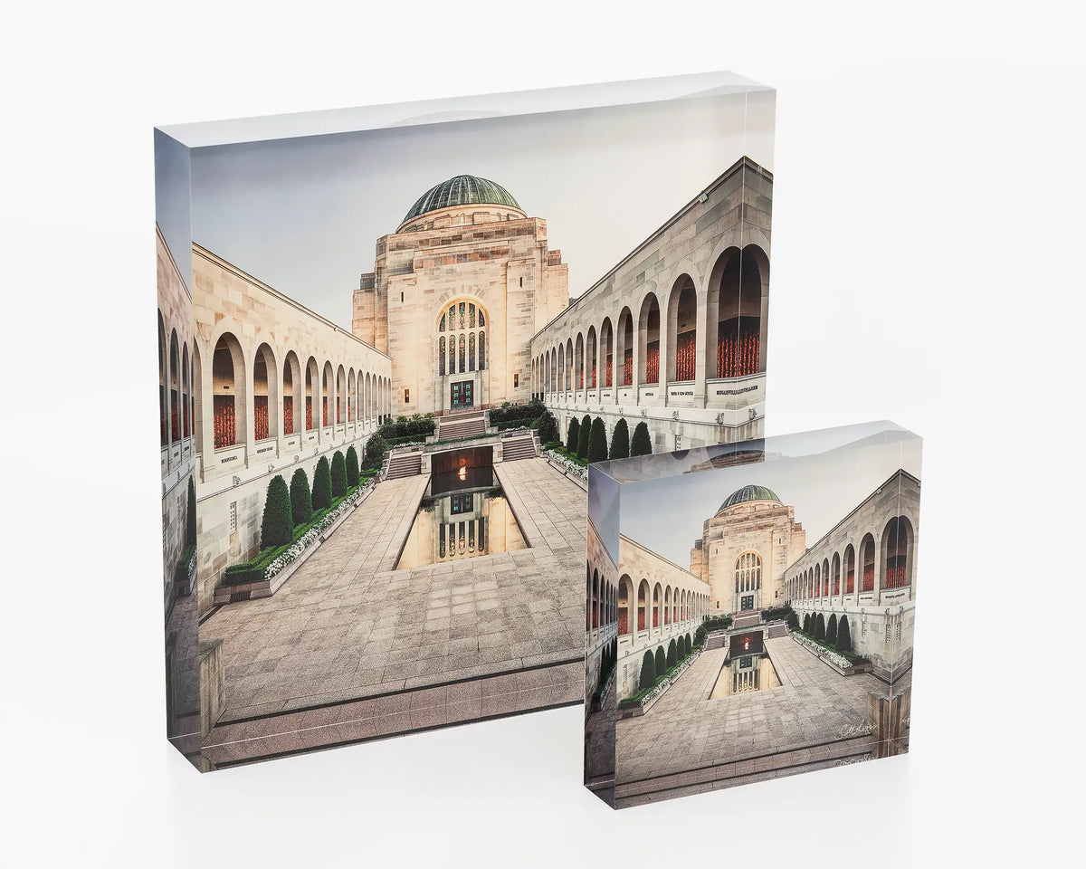 Sacrifice. Acrylic block of the Australian War memorial, Canberra artwork in two sizes.