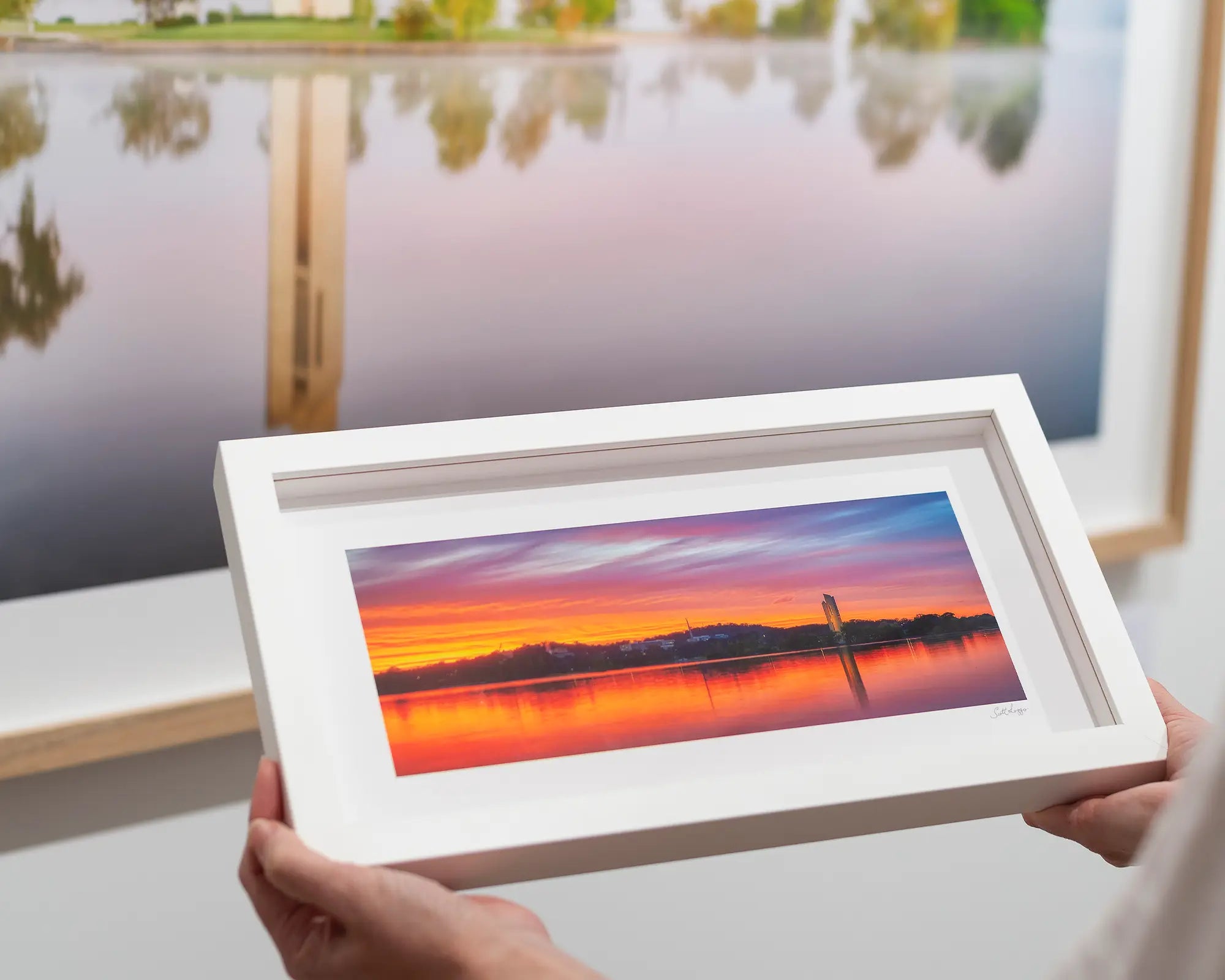 Scarlet sunrise over Rusell Office and Lake Burley Griffin in Canberra.