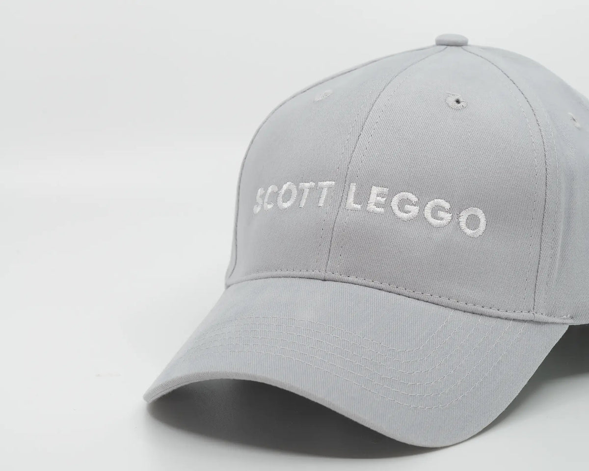 SCOTT LEGGO baseball cap in Alpine Grey colour. Up close.