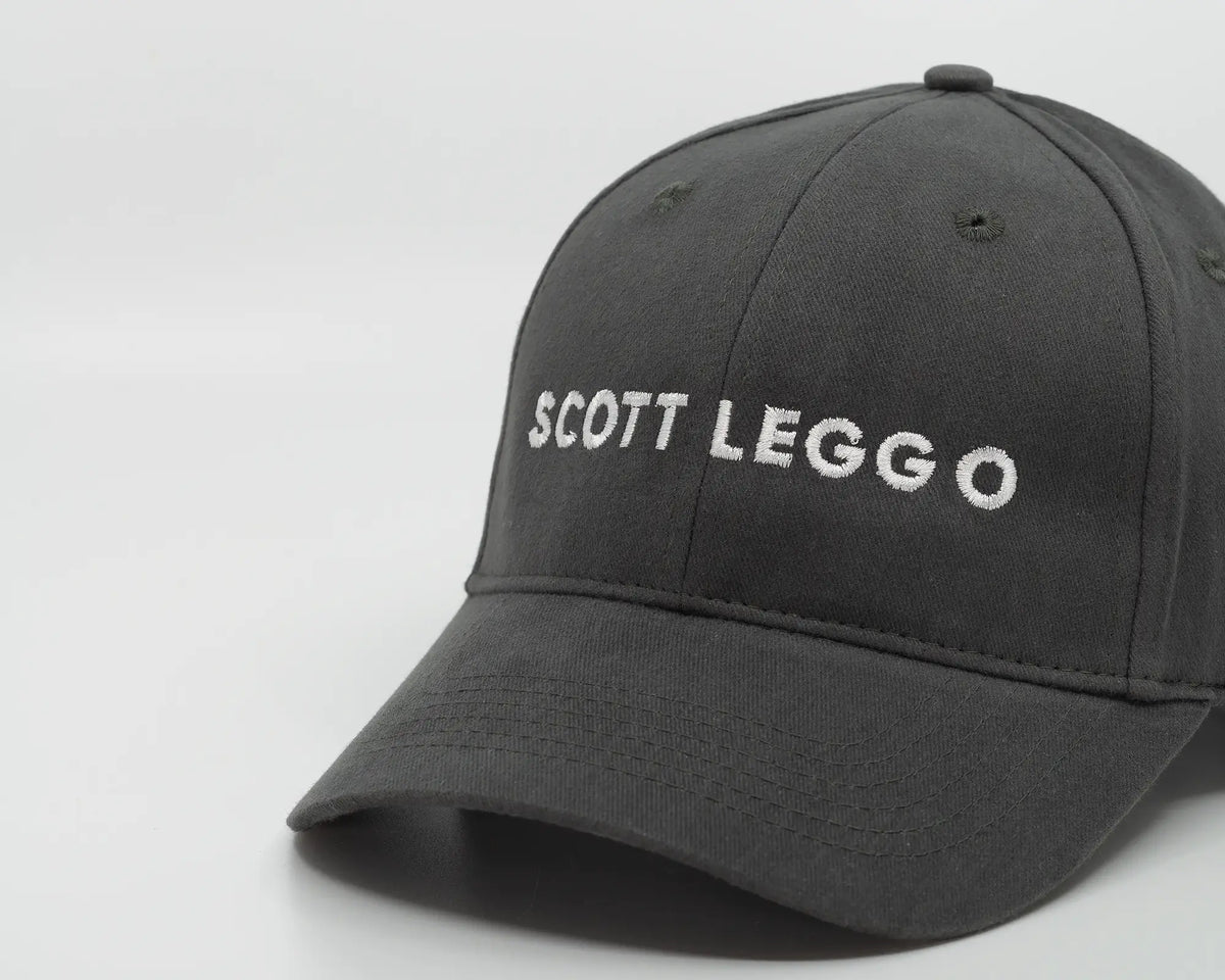 SCOTT LEGGO baseball cap in Charcoal colour. Up close.