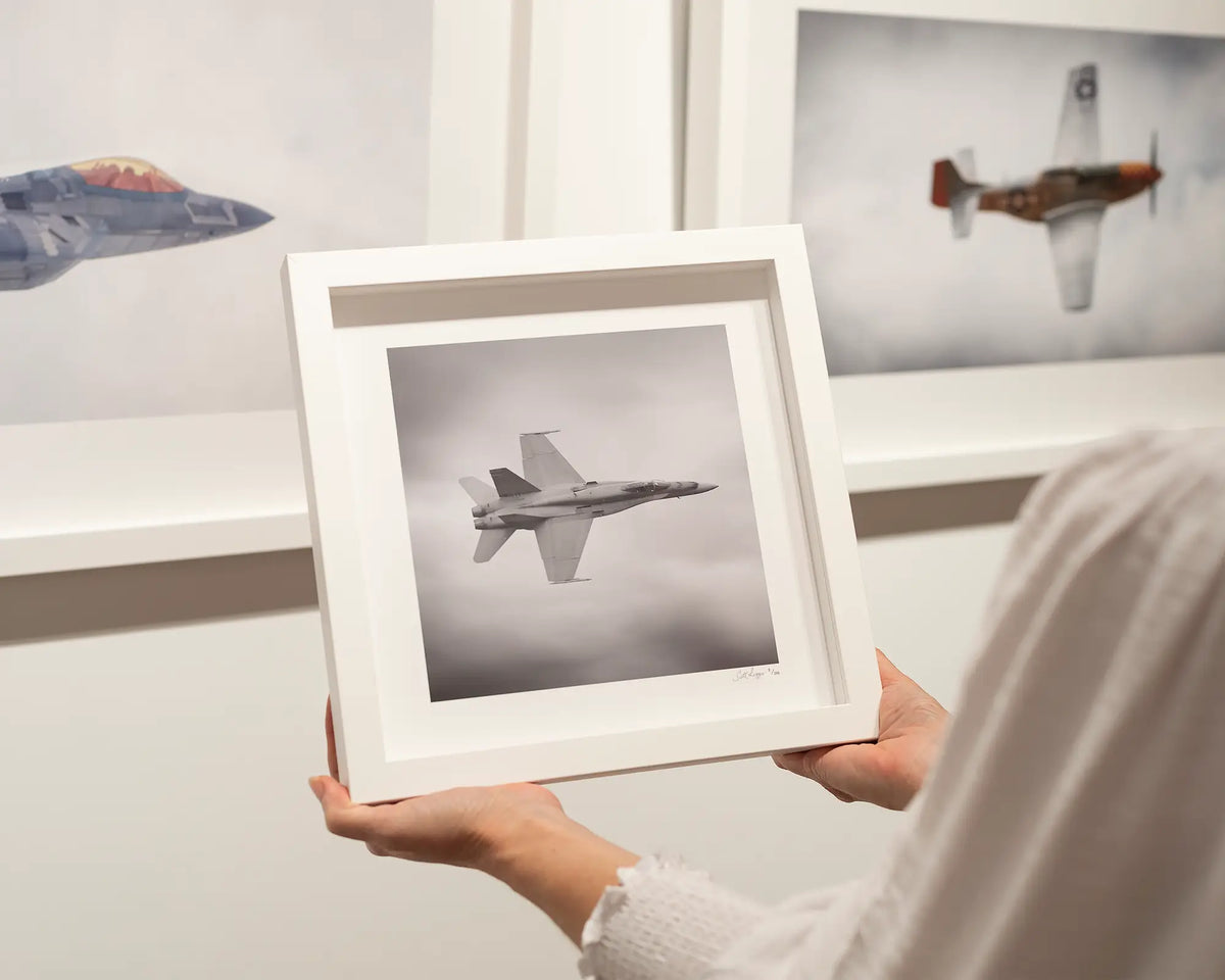 Seek and Strike. F-18 Super hornet small framed print with a white frame.