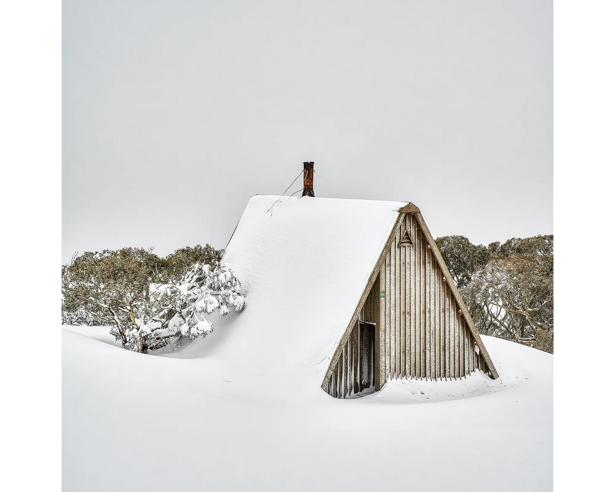 Diamantina Hut covered in snow, Mount Hotham, Alpine National Park, Victoria. 