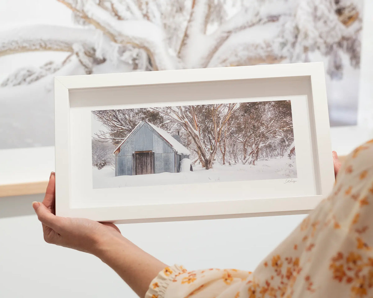 Snow at CRB. CRB Hut at Dinner Plain, small framed print in a white frame.