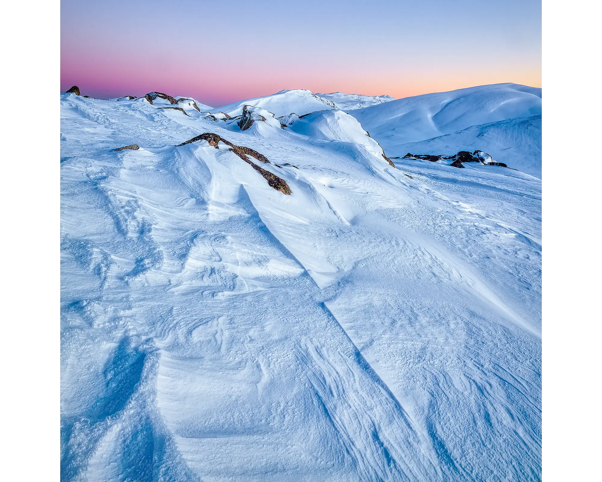 Winter sunrise over snow in Kosciuszko National Park, NSW. 