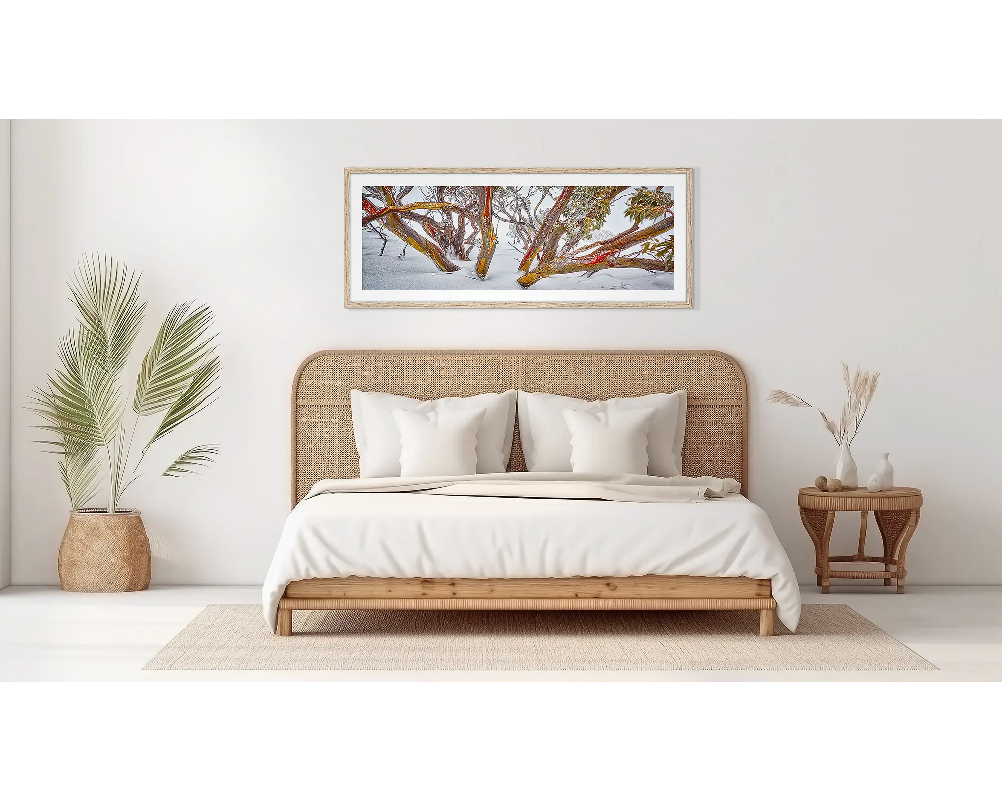 Snow Gum wall art in wood frame on bedroom wall