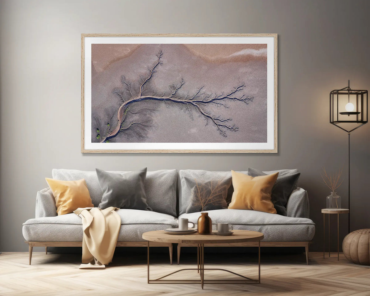 Sprawl. Extra large, abstract wall art print, with a Tassie oak frame, on a lounge room wall.  