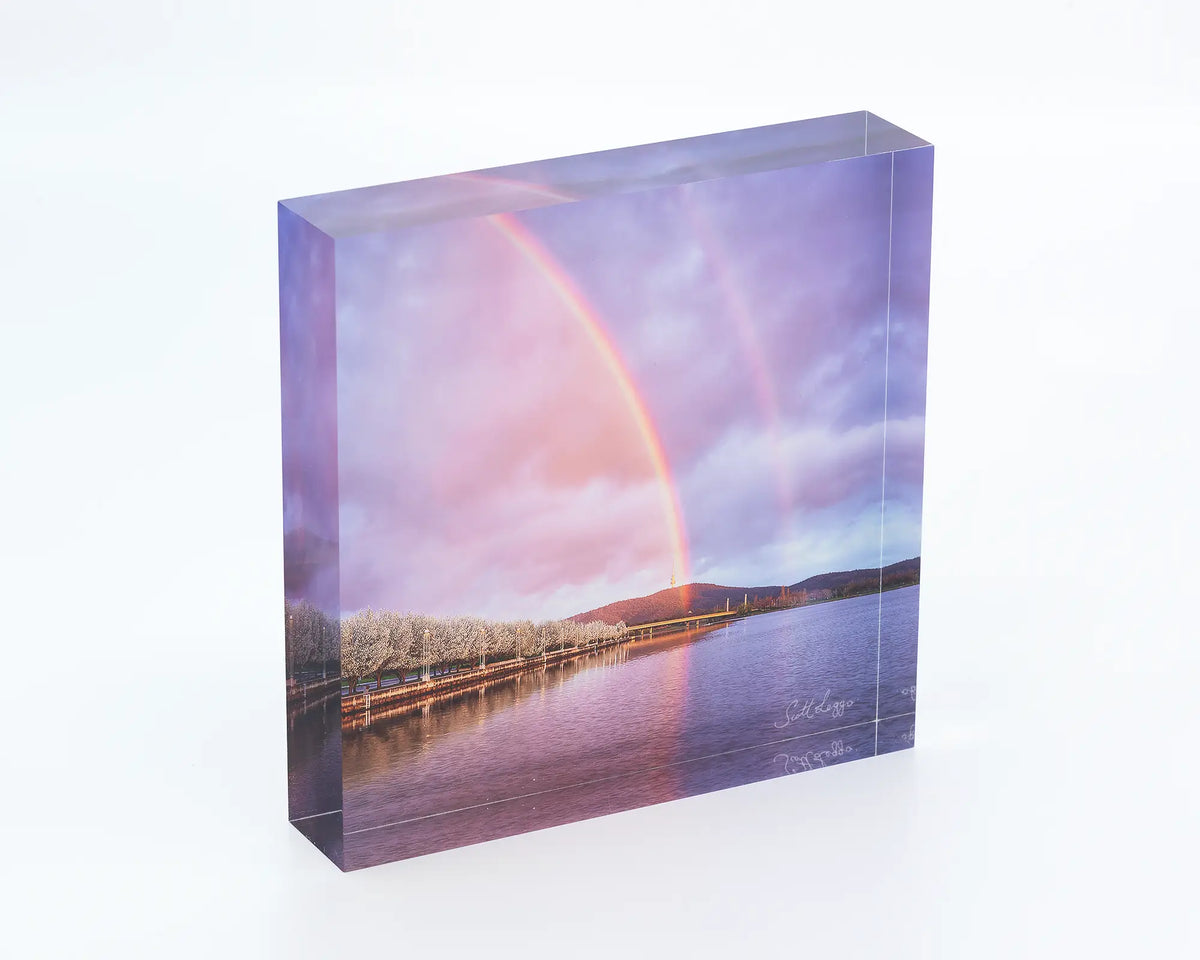 Spring Delight acrylic block - Double rainbow over Lake Burley Griffin, Canberra. 