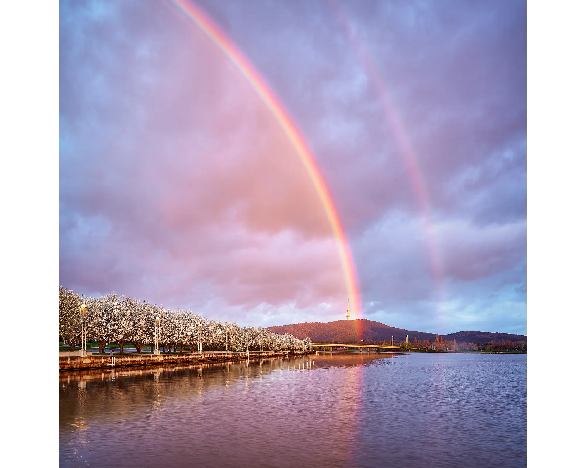 Spring Delight acrylic block - Double rainbow over Lake Burley Griffin, Canberra. 