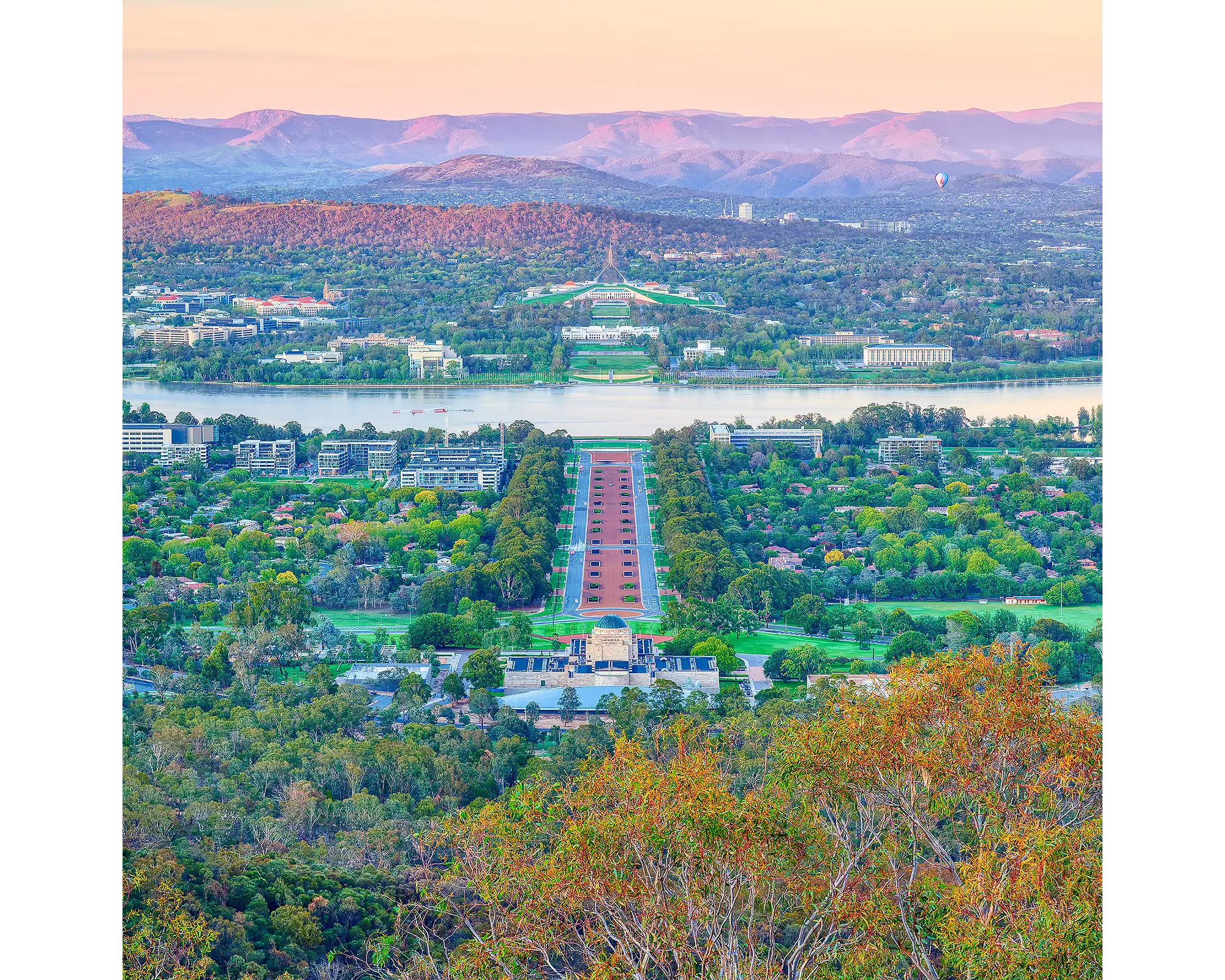 Canberra at sunrise, viewed from the top of Mount Ainslie.