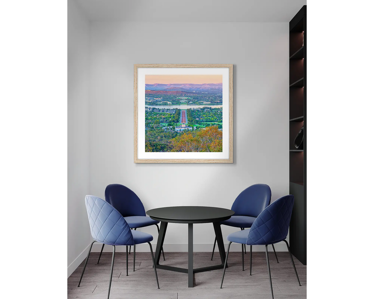 State of Flux. Canberra wall art print with a timber frame, in an office meeting room. 