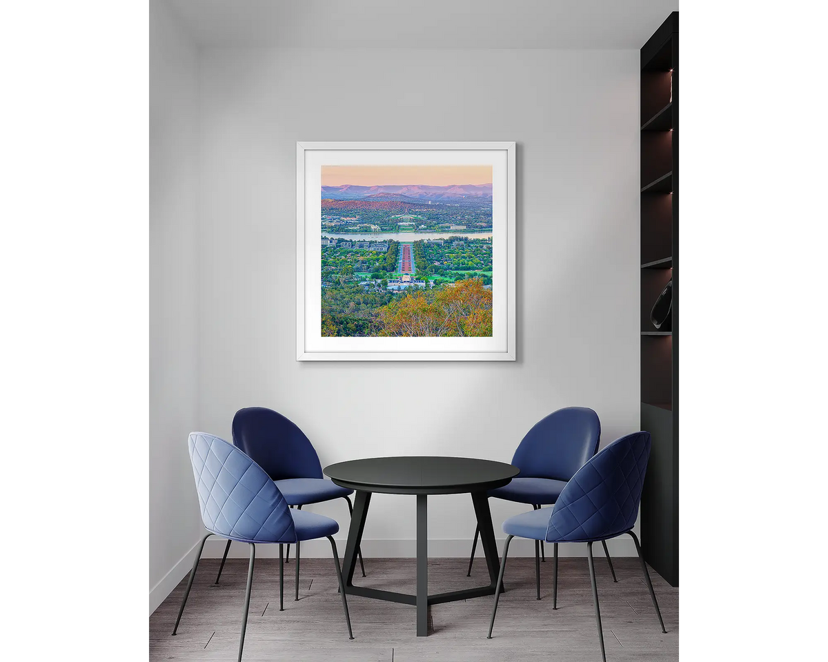 State of Flux. Canberra wall art print with a white frame, in an office meeting room. 