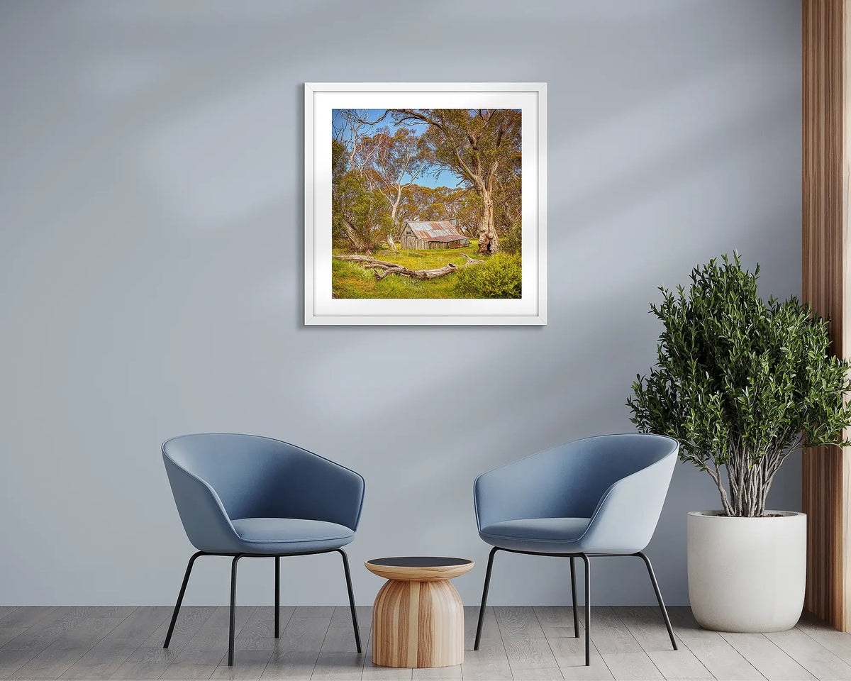 Summer in the High Country. Wallace hut wall art print, with a white frame, hung in a waiting area. 