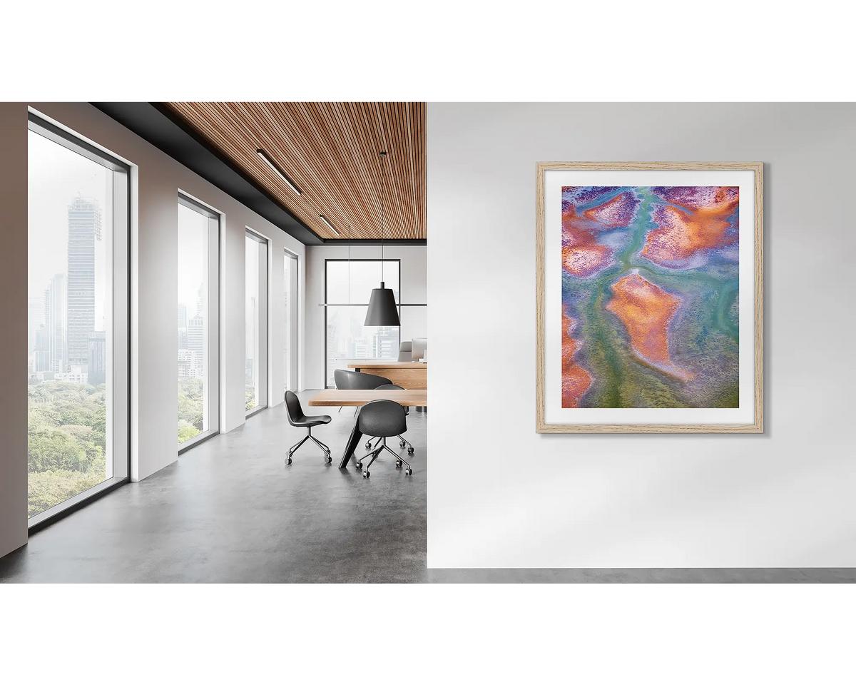 Surface. Framed Kimberley abstract artwork, in a modern office. 