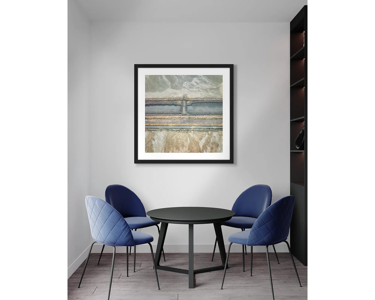 Surplus. Mine site, abstract wall art print with a black frame, in an office meeting room. 