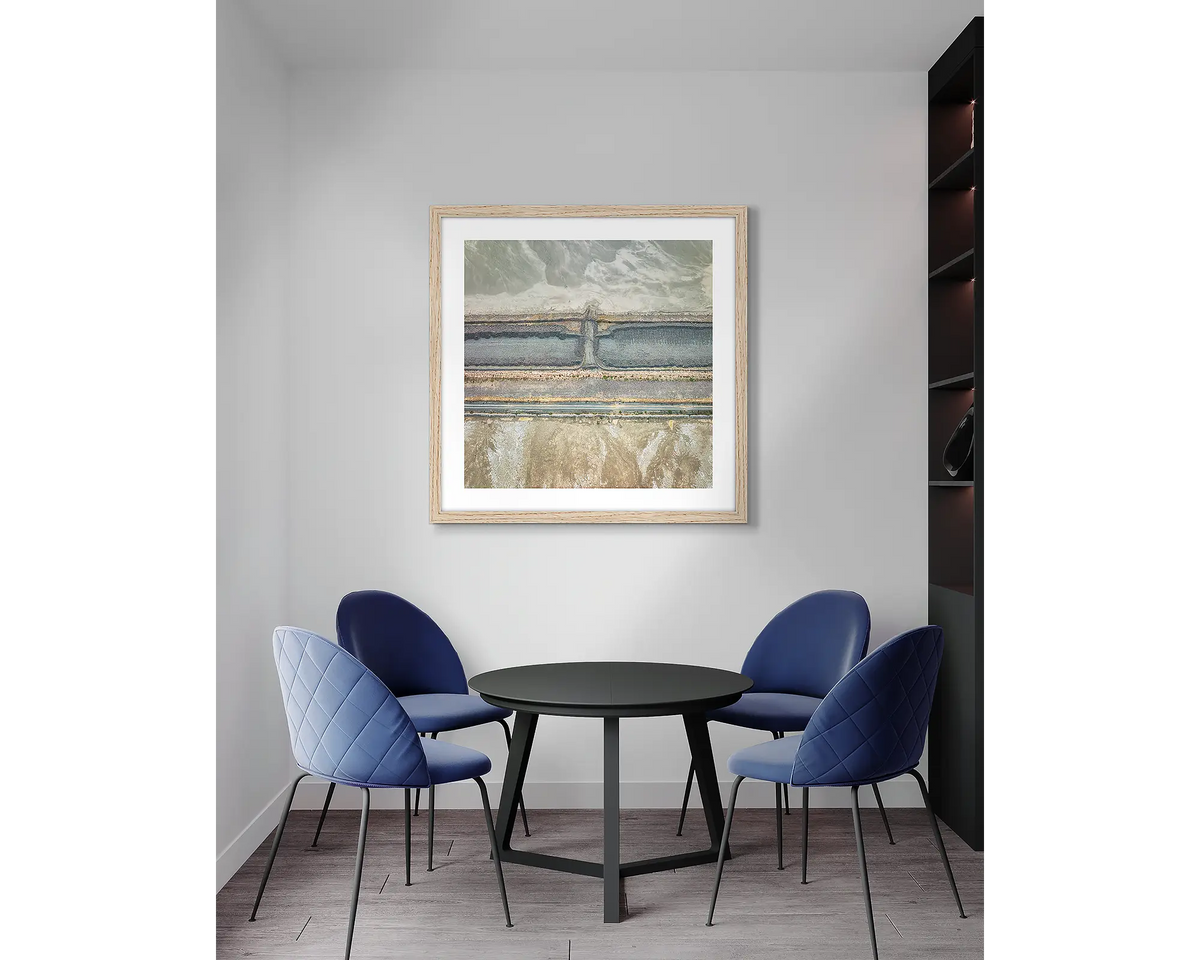 Surplus. Mine site, abstract wall art print with a timber frame, in an office meeting room. 