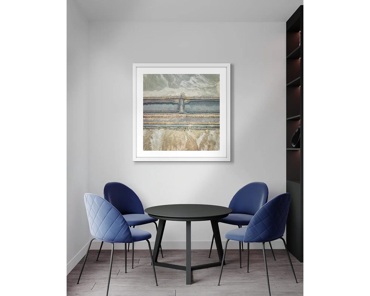 Surplus. Mine site, abstract wall art print with a white frame, in an office meeting room. 