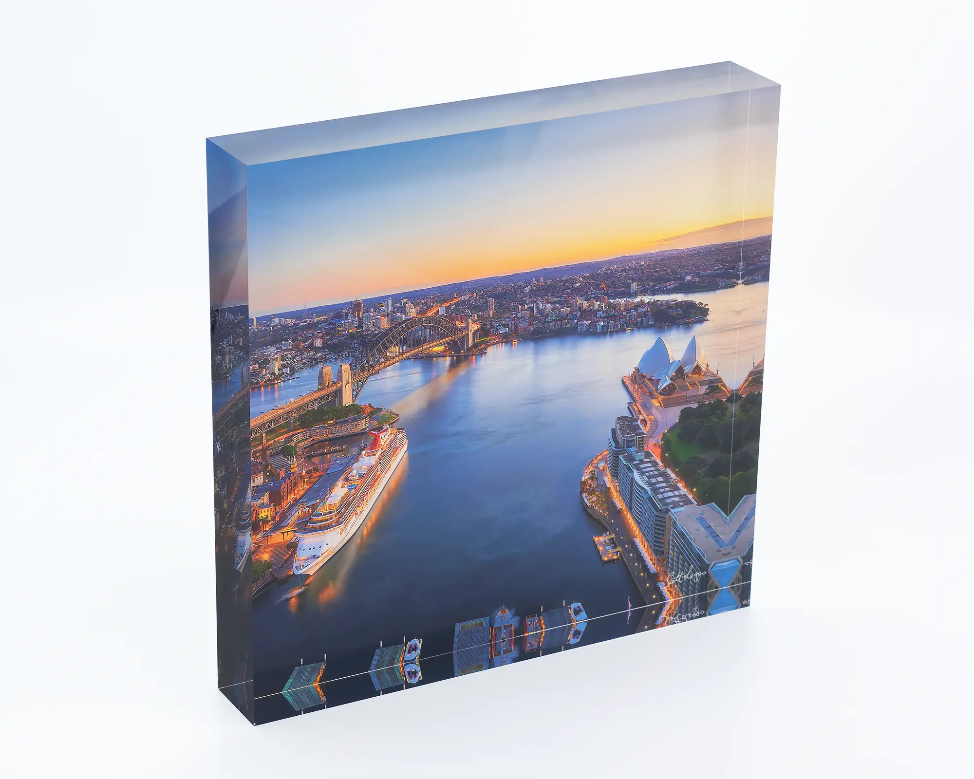 Sydney Awakes acrylic block - Sunrise over Sydney Harbour. 