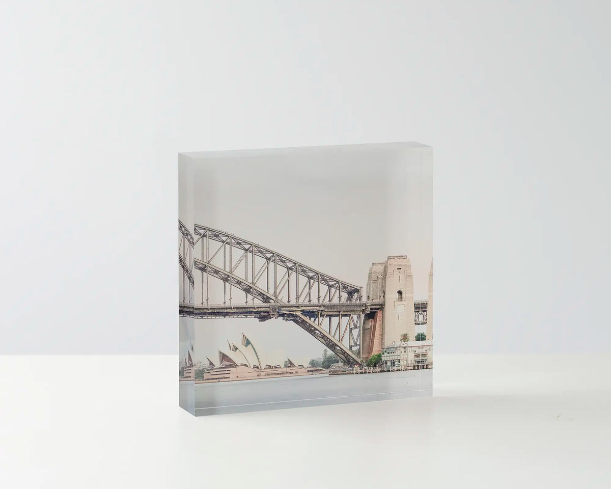 Sydney Icons. Acrylic block opera house harbor bridge. Sydney artwork on table.