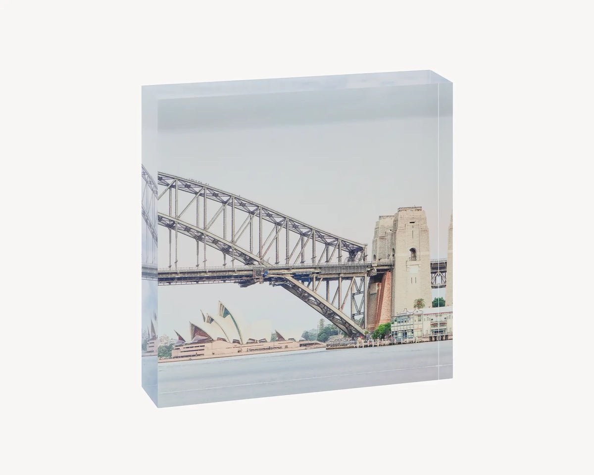 Sydney Icons. Acrylic block of Opera House and Sydney Harbor Bridge, Sydney artwork.