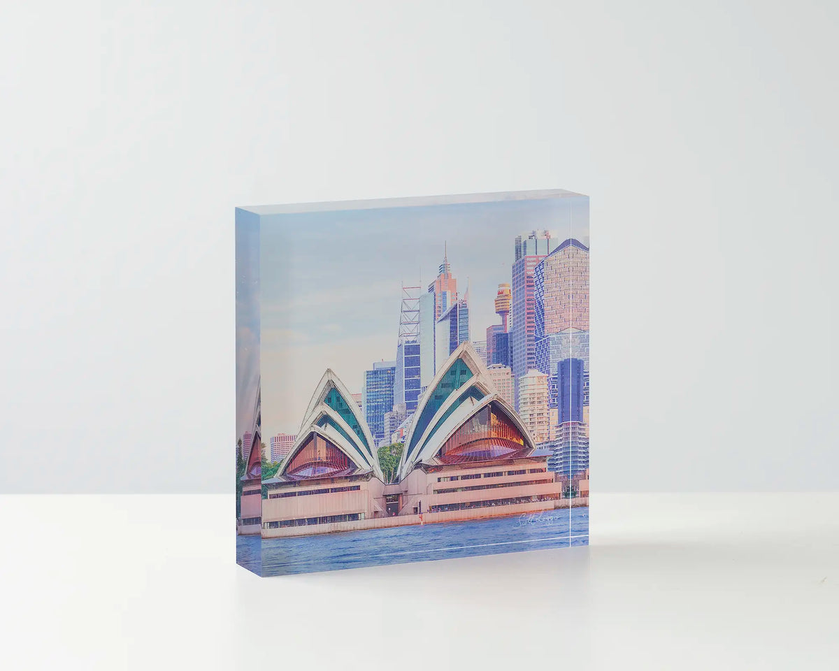 Sydney Views. Acrylic block. Opera house, Sydney artwork on table.