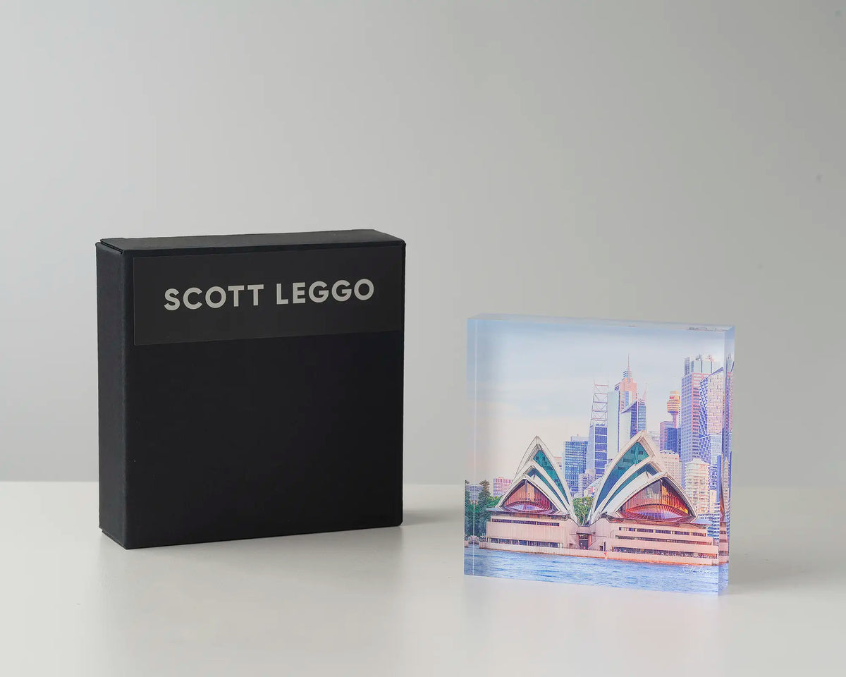 Sydney Views. Acrylic block of Opera House, Sydney artwork with box.