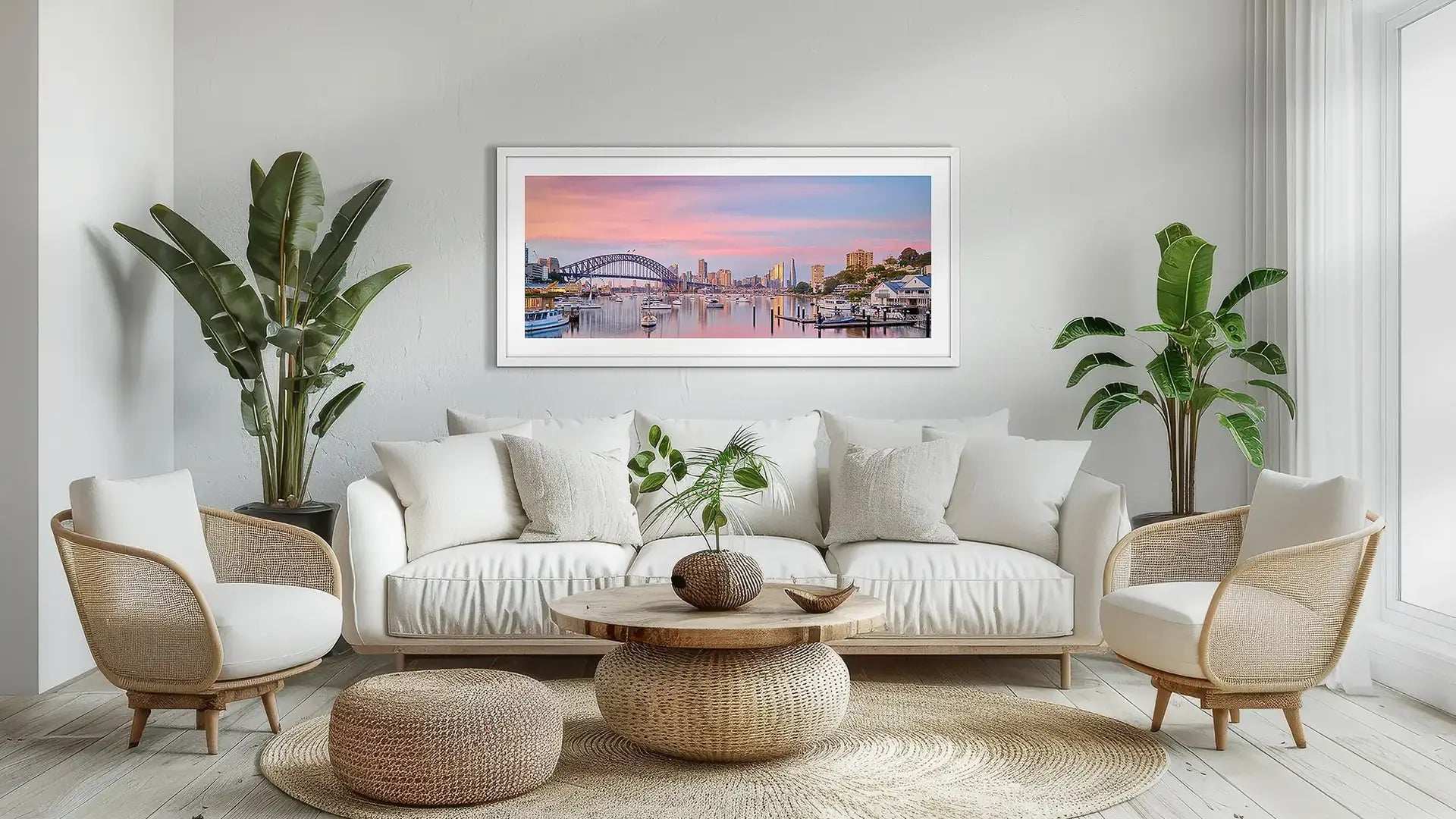 Sydney wall art print with white frame above couch.