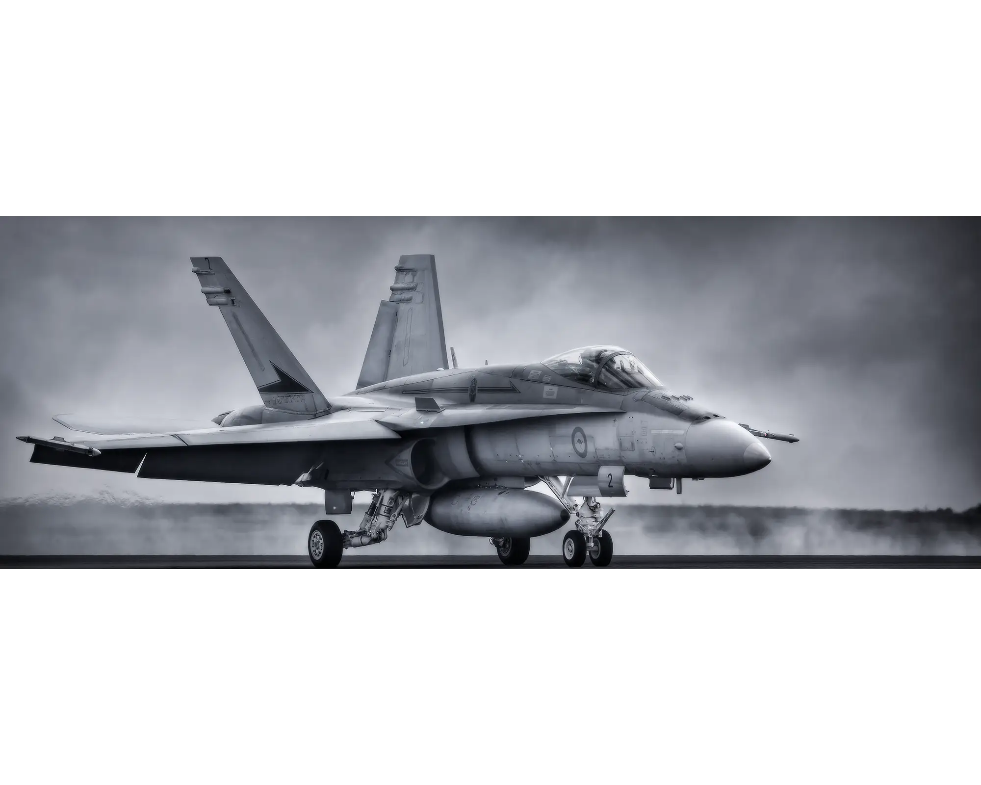 Taxiing home. Acrylic block of a RAAF f-18 hornet on runway. Australian Aerial artwork.