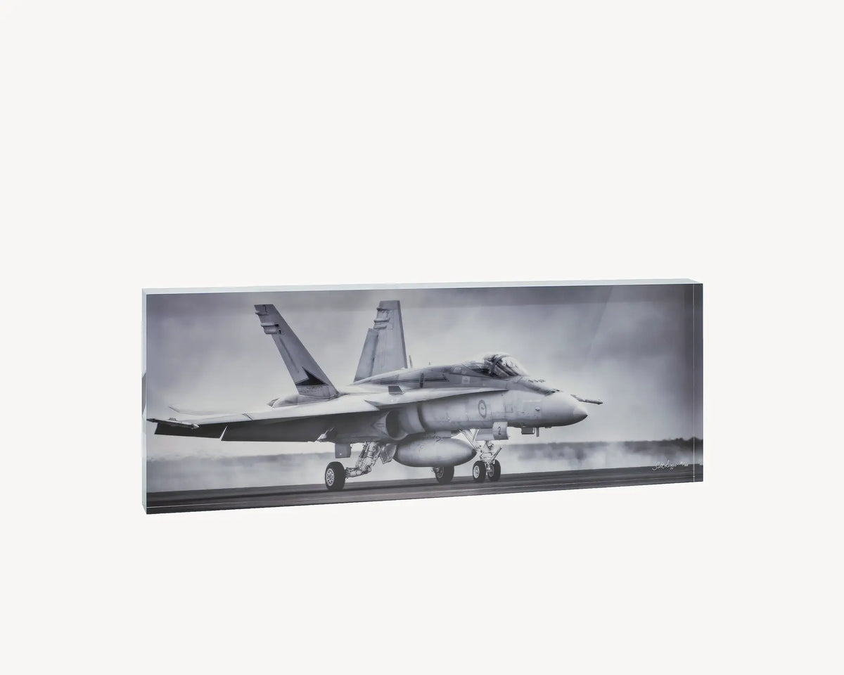 Taxiing home. Acrylic block of a RAAF f-18 hornet on runway. Australian Aerial artwork.