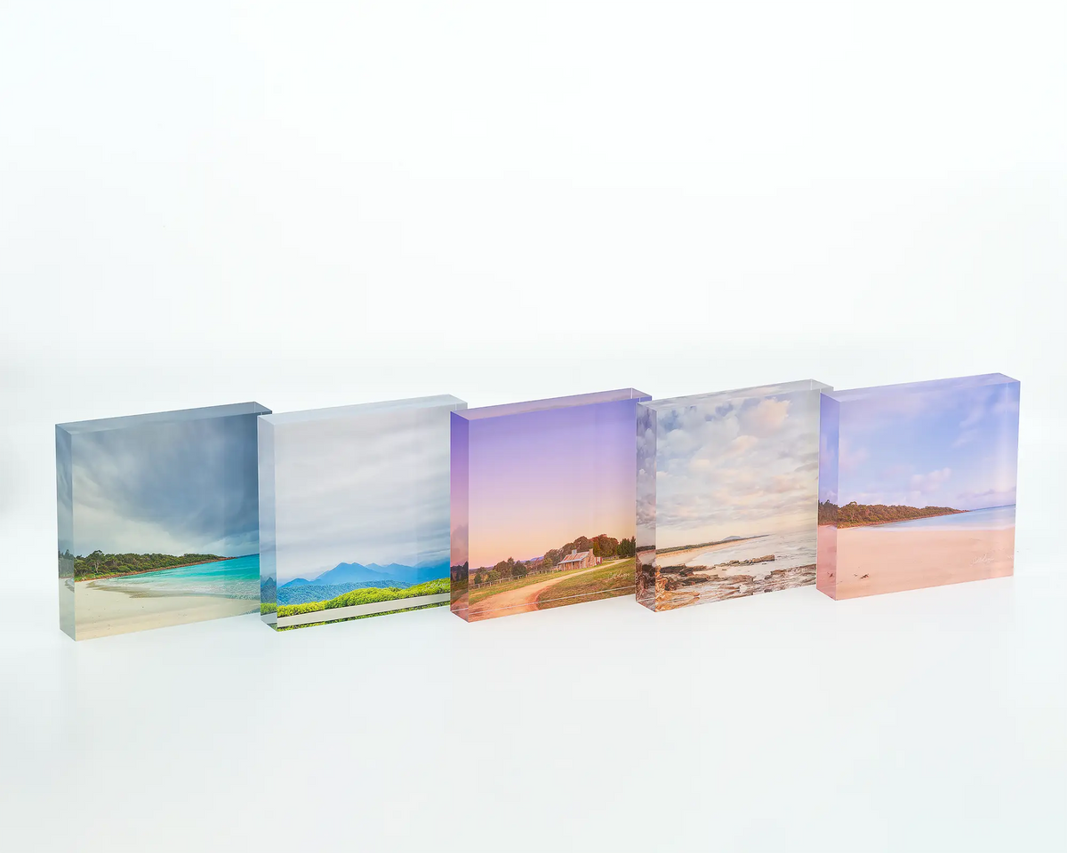 Temptation acrylic block displayed with other Australian landscape acrylic blocks. 