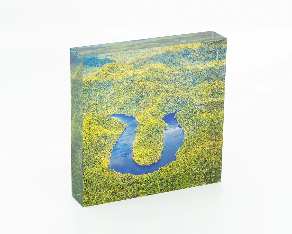 The Bend acrylic block - Gordon river winding through lush green forest.