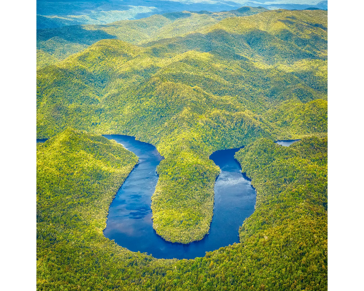 Gordon river winding through green forest viewed from above. 