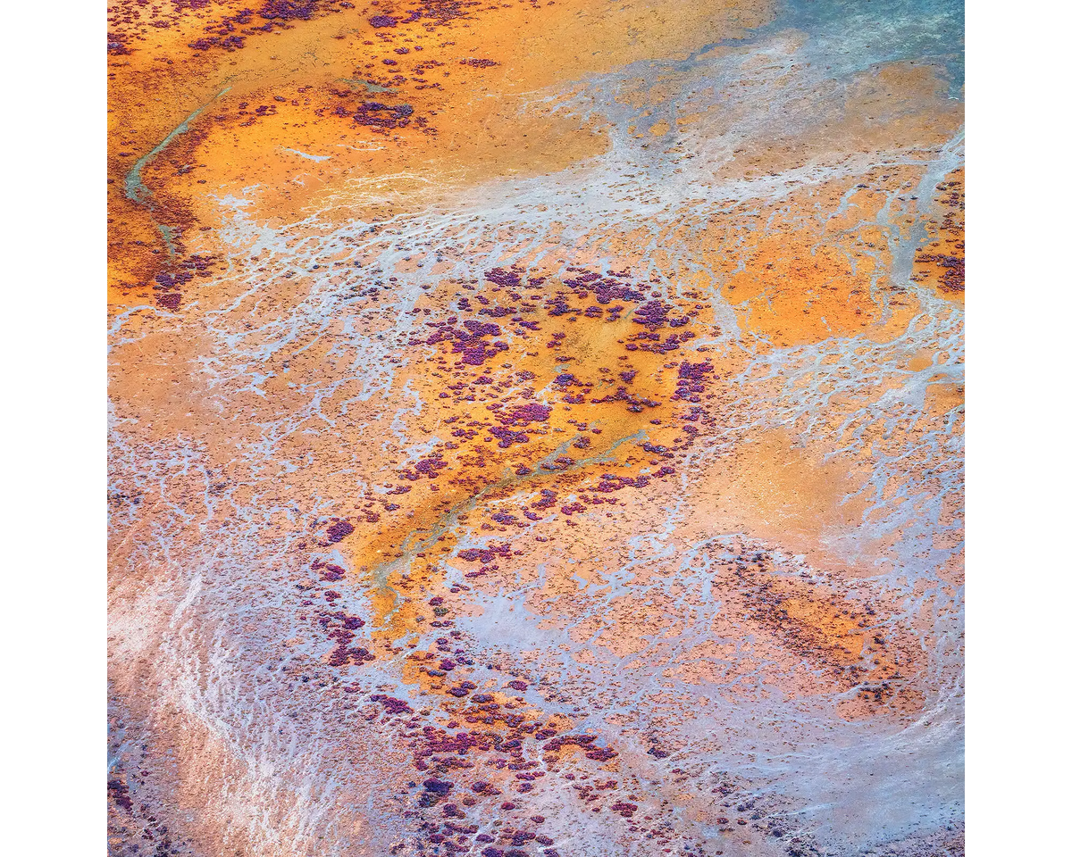 Swirling tidal patterns and colours in Roebuck Plains viewed from above, the Kimberley, WA. 